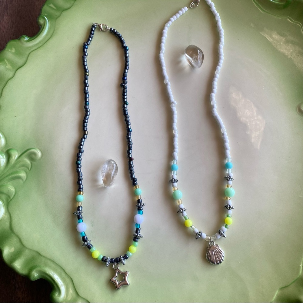 Night & Day Beaded Necklaces 2fer Set White Dark Seashell Star Silver Pendant